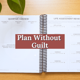 Image of open Thriving in Motherhood planner with overlaid words: plan without guilt